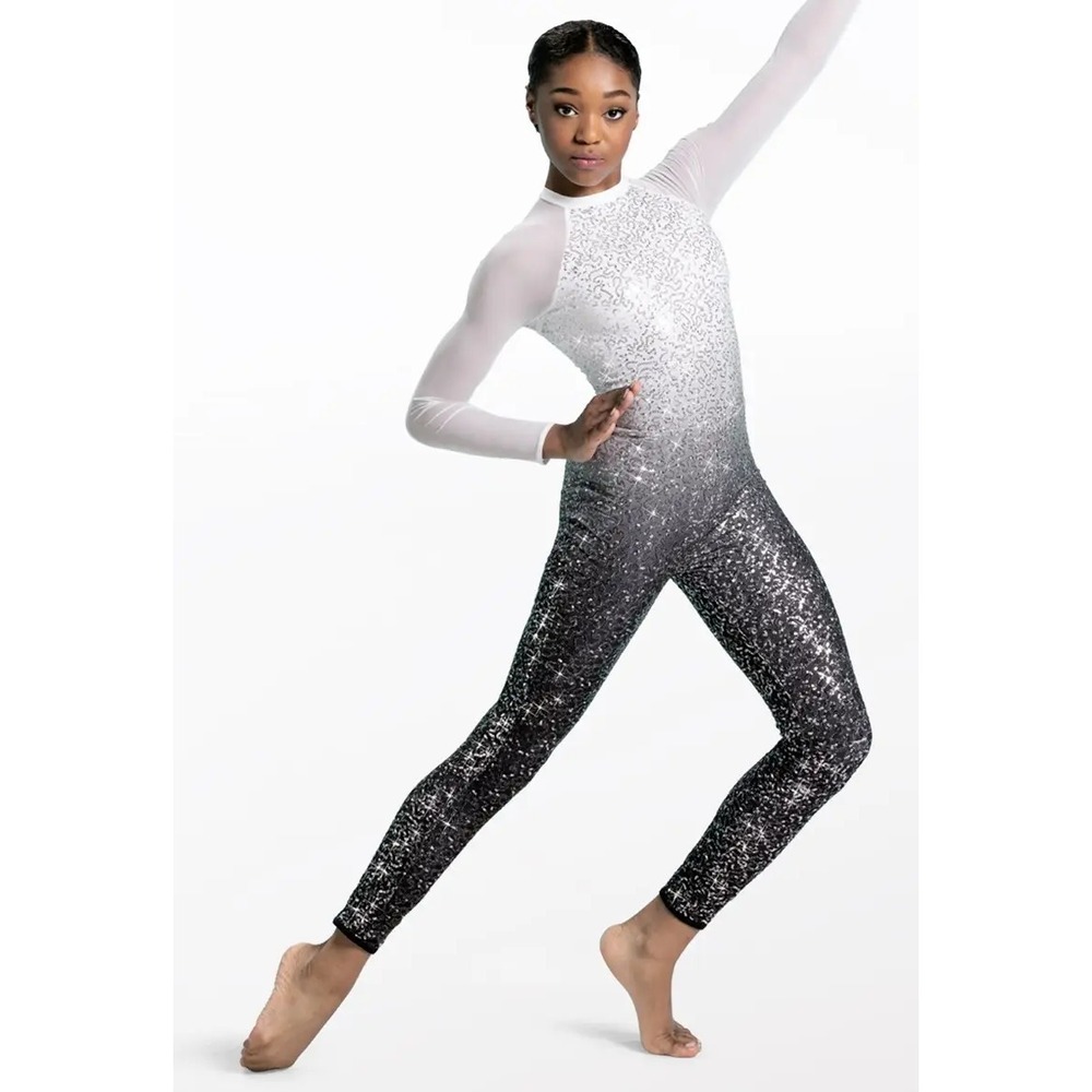 WEISSMAN 13191 Dance Costume Large Child Ombre Sequins Jumpsuit Black White